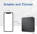A size comparison between the Beelink T5 Mini PC and a smartphone showing its dimensions 106mm x 106mm x 18mm highlighting its small and slim design