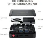 An exploded view of the Beelink T5 showing internal components like a heat sink a cooling fan Intel CPU LPDDR4X RAM and eMMC storage