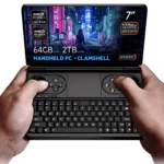 GPD-WIN-MINI-2025-INFOGRAPHIC-370-64-2-01 (GPD WIN MINI 2025 - Infographic with 64GB RAM and 2TB NVMe Storage): A handheld clamshell PC with a 7-inch FHD screen featuring 120Hz VRR display. It runs on AMD Ryzen AI 9 HX 370 CPU with Radeon graphics. The device showcases a full QWERTY keyboard, gaming controls, and 64GB LPDDR5x RAM with 2TB NVMe SSD storage.
