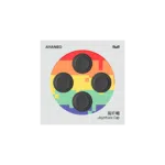 AYANEO joystick caps set in black, designed for AYANEO Pocket Micro and DMG models. The packaging features a pixelated rainbow background with four circular joystick caps visible through a transparent window. The AYANEO logo is displayed at the top left, and the text 'Joystick Cap' along with Chinese characters is printed on the bottom right.
