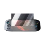 AYN Odin 2 Portal handheld gaming console with a partially applied tempered glass screen protector, demonstrating its clarity and coverage for enhanced display protection.