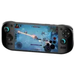 A black AYN Odin 2 Portal handheld gaming console displaying an action packed RPG game The screen shows a character using a fiery attack against enemies in a frozen landscape The device has an ergonomic design with illuminated thumbsticks