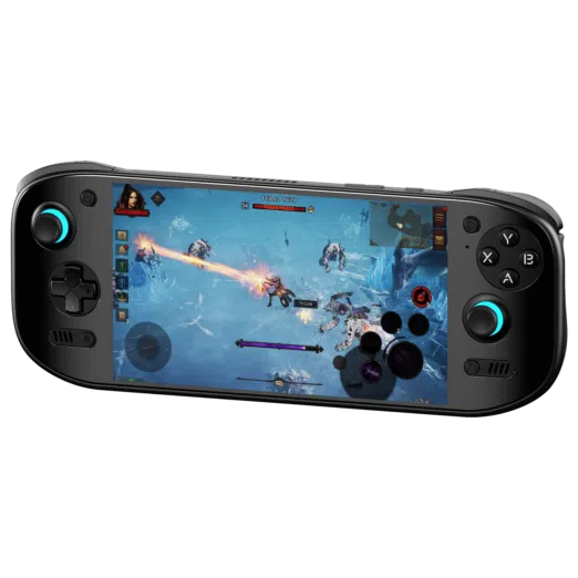 A black AYN Odin 2 Portal handheld gaming console displaying an action packed RPG game The screen shows a character using a fiery attack against enemies in a frozen landscape The device has an ergonomic design with illuminated thumbsticks