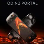 A stylized promotional image of the AYN Odin 2 Portal in black presented in a futuristic design with a fiery planetary background The handheld is crossed in an X shape highlighting its sleek and modern aesthetic