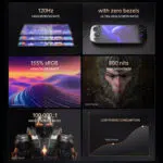 A set of six feature highlights for the Odin 2 Portal showcasing its 120Hz high refresh rate bezel less screen 155 sRGB high color gamut 800 nits high brightness 1000001 contrast ratio and low power consumption