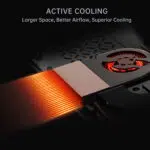 A close up of the handheld consoles cooling system highlighting its active cooling technology with enhanced airflow and a visible heat dissipation effect