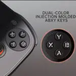 A detailed view of the AYN Odin 2 Portals ABXY buttons showcasing its dual color injection molded keys for a high quality tactile experience