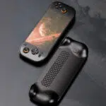 A top down and rear view of the AYN Odin 2 Portal displaying its honeycomb ventilation design for better heat dissipation as well as its sleek matte black finish