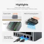 A collage of features highlighting the Beelink EQR5s super quiet operation 32dB noise level built in PSU MSC20 cooling system and dual Gigabit Ethernet jacks