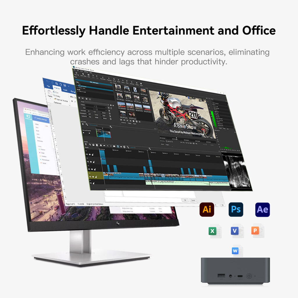 A dual-monitor setup with multiple applications open, including Adobe software and office tools, showcasing the Beelink EQR5's ability to handle entertainment and office tasks efficiently.