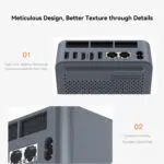 A close up of the Beelink EQR5 showcasing dual color molding technology injection molded bottom case rounded corners and a well ventilated design for improved aesthetics and usability