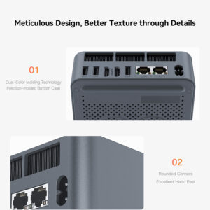 A close-up of the Beelink EQR5 showcasing dual-color molding technology, injection-molded bottom case, rounded corners, and a well-ventilated design for improved aesthetics and usability.