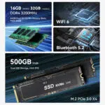 Features of the Beelink EQR5 including 16GB or 32GB DDR4 3200MHz RAM Wi Fi 6 Bluetooth 52 and a 500GB NVMe SSD with dual SSD storage capability supporting up to 8TB