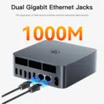 The back of the Beelink EQR5 with two Ethernet cables plugged in emphasizing the 1000M dual Gigabit Ethernet jacks for network separation and security