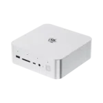 A high resolution product image of the Beelink GTi13 Ultra mini PC in a silver finish The compact square shaped device features rounded edges and a minimalist design with the Beelink logo on top The front panel includes multiple ports such as a USB port SD card slot USB C port 35mm audio jack and a fingerprint sensor Small LED indicator lights are also visible on the front panel