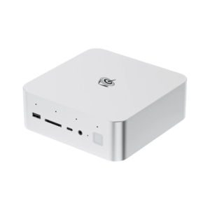 "A high-resolution product image of the Beelink GTi13 Ultra mini PC in a silver finish. The compact, square-shaped device features rounded edges and a minimalist design with the Beelink logo on top. The front panel includes multiple ports, such as a USB port, SD card slot, USB-C port, 3.5mm audio jack, and a fingerprint sensor. Small LED indicator lights are also visible on the front panel.