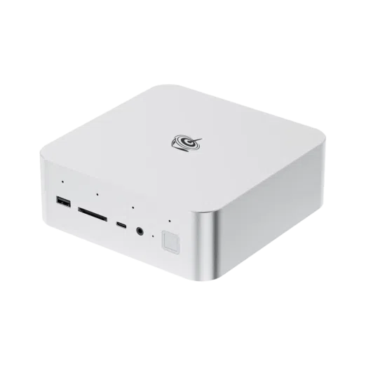 A high resolution product image of the Beelink GTi13 Ultra mini PC in a silver finish The compact square shaped device features rounded edges and a minimalist design with the Beelink logo on top The front panel includes multiple ports such as a USB port SD card slot USB C port 35mm audio jack and a fingerprint sensor Small LED indicator lights are also visible on the front panel