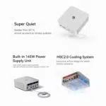 A promotional image emphasizing the silent operation of the Beelink GTi13 Ultra claiming it is quieter than SEi14 and nearly as silent as fanless systems It also highlights the built in 145W power supply for stable performance and the MSC20 cooling system which ensures reliable airflow The image includes a floating mini PC a rear view with a power cable connected and a thermal airflow diagram