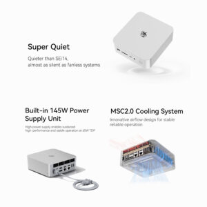 A promotional image emphasizing the silent operation of the Beelink GTi13 Ultra, claiming it is quieter than SEi14 and nearly as silent as fanless systems. It also highlights the built-in 145W power supply for stable performance and the MSC2.0 cooling system, which ensures reliable airflow. The image includes a floating mini PC, a rear view with a power cable connected, and a thermal airflow diagram.
