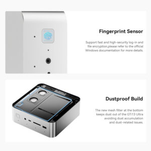 An infographic showcasing two features of the Beelink GTi13 Ultra: a fingerprint sensor for secure logins and file encryption, and a dustproof build with a mesh filter at the bottom to prevent dust accumulation. The image includes a close-up of the fingerprint sensor and an internal view of the bottom panel with mesh protection.