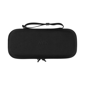 Exterior view of the AYN Odin 2 and Portal carrying case, featuring a durable black shell with a textured surface, dual zipper closure, and a wrist strap for easy carrying.