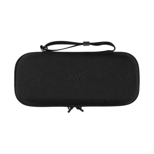 Exterior view of the AYN Odin 2 and Portal carrying case featuring a durable black shell with a textured surface dual zipper closure and a wrist strap for easy carrying