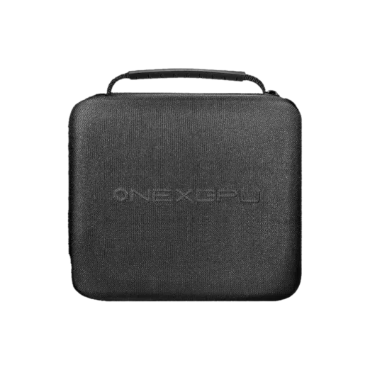 ONEXGPU 2 Carrying Case  A durable black protective case with a textured exterior sturdy handle and embossed ONEXGPU branding designed for safely storing and transporting the ONEXGPU 2 eGPU