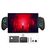 ONEXPLAYER X1 PRO gaming handheld with detachable controllers displaying a game with a red lit scene Below the device additional accessories are shown including a protective case keyboard and extra gaming buttons indicating included freebies