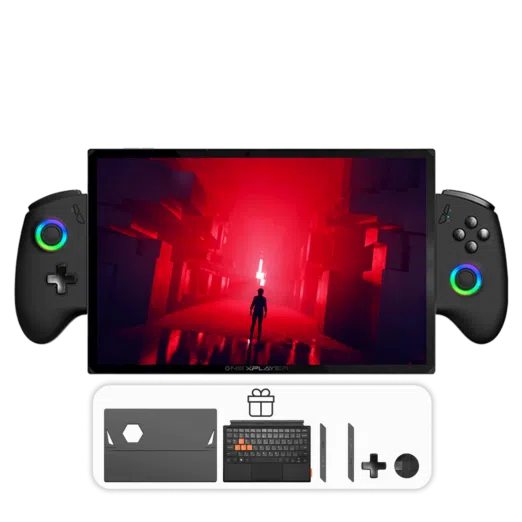 ONEXPLAYER X1 PRO gaming handheld with detachable controllers displaying a game with a red lit scene Below the device additional accessories are shown including a protective case keyboard and extra gaming buttons indicating included freebies