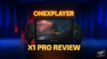 Promotional image for the ONEXPLAYER X1 Pro review featuring the handheld gaming device with detachable controllers displaying a fantasy warrior game on screen Background features a red and blue neon lit environment with glowing text ONEXPLAYER X1 PRO REVIEW and an AMD Ryzen AI 9 HX logo in the corner