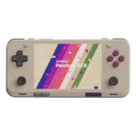 AYANEOPOCKETACERETROLISTINGIMAGEDONE1 1 DROIX Global Front facing view of the AYANEO Pocket ACE in retro beige with purple buttons showing a pixel themed version of the Pocket ACE logo on colorful stripes