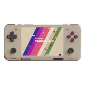 Front facing view of the AYANEO Pocket ACE in retro beige with purple buttons showing a pixel themed version of the Pocket ACE logo on colorful stripes