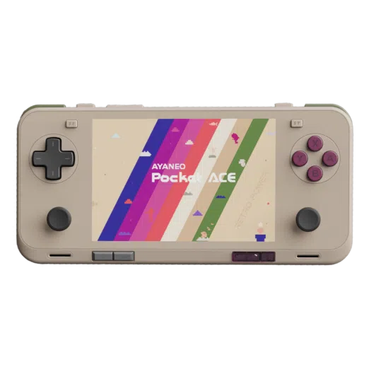 Front facing view of the AYANEO Pocket ACE in retro beige with purple buttons showing a pixel themed version of the Pocket ACE logo on colorful stripes