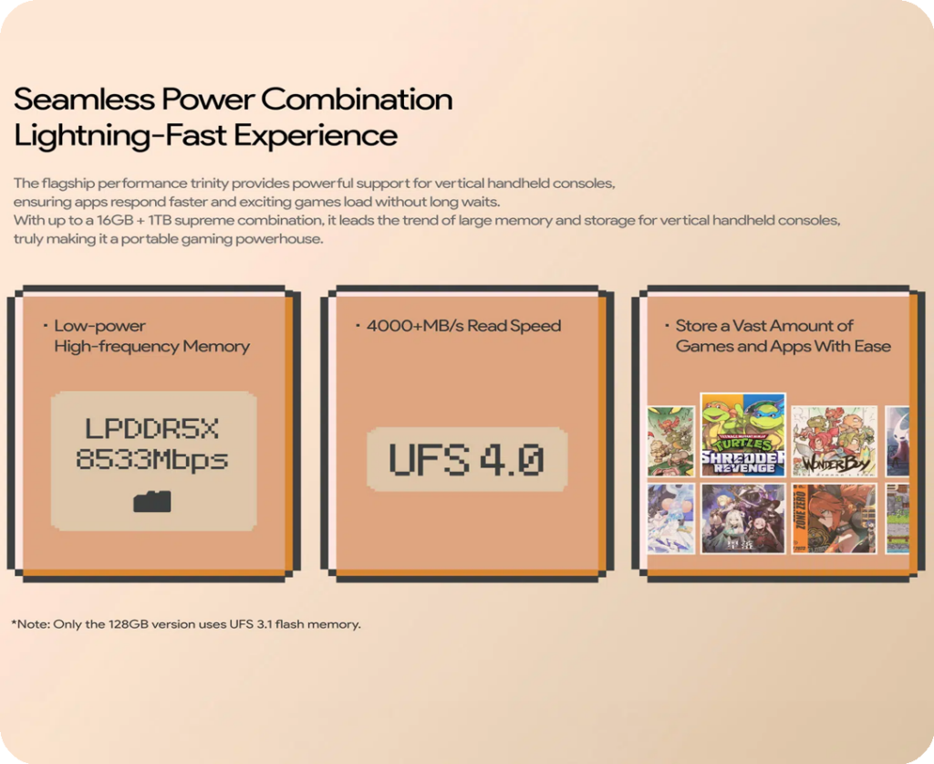 Infographic promoting performance features of a handheld gaming console. Highlights include LPDDR5X memory at 8533 Mbps, UFS 4.0 storage with 4000+ MB/s read speed, and support for large storage capacity to hold numerous games. Three panels illustrate memory, storage, and gaming library with pixelated graphics and game cover thumbnails.