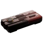 Front angled view of the AYANEO AG01 Starship Graphics Dock showcasing its red metallic finish futuristic heat vent design and large circular LED fan