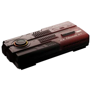 Front angled view of the AYANEO AG01 Starship Graphics Dock showcasing its red metallic finish futuristic heat vent design and large circular LED fan