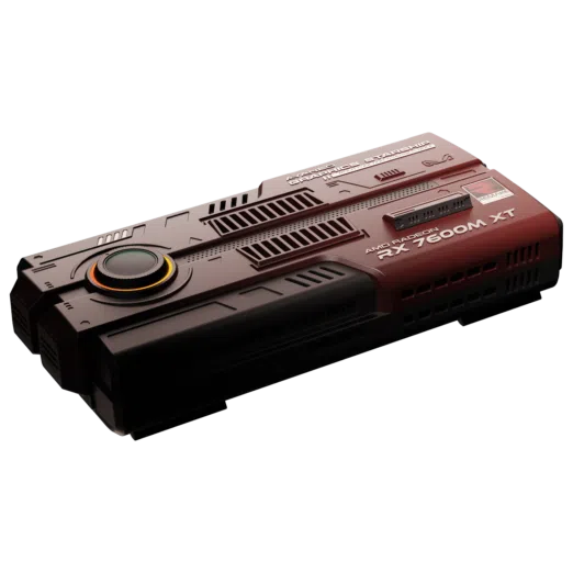 Front angled view of the AYANEO AG01 Starship Graphics Dock showcasing its red metallic finish futuristic heat vent design and large circular LED fan