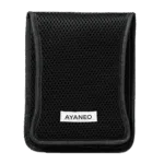A black, rectangular protective case with a mesh-like texture covers the entire surface. A white label with "AYANEO" in black text is centered near the bottom of the case. The case appears to be closed and is presented against a plain, light gray background.