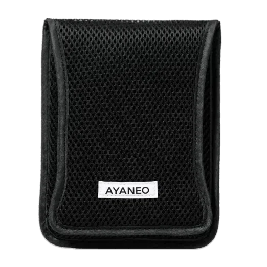 A black rectangular protective case with a mesh like texture covers the entire surface A white label with AYANEO in black text is centered near the bottom of the case The case appears to be closed and is presented against a plain light gray background