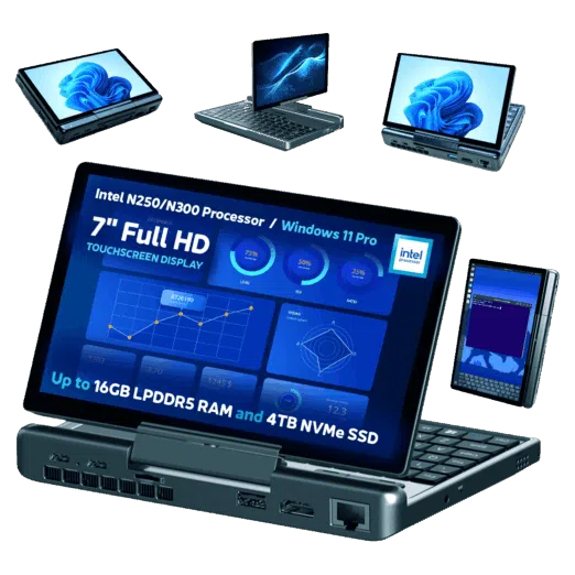A promotional image showcasing the versatile display modes of the GPD MicroPC 2 A central image shows the device open in laptop mode with a detailed dashboard on its screen Around it smaller versions of the device are shown in different orientations in tablet mode inverted V shape and portrait mode Bullet points at the bottom highlight key features like the processor screen size and storage capacity The background is a solid dark green