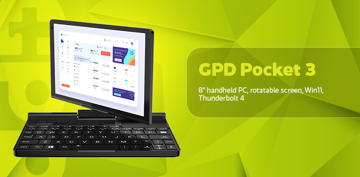 A promotional image for the GPD Pocket 3, a small laptop with a rotatable screen displaying a data dashboard. Text on the right provides specifications: "8" handheld PC, rotatable screen, Win11, Thunderbolt 4." The background is bright green with geometric shapes.