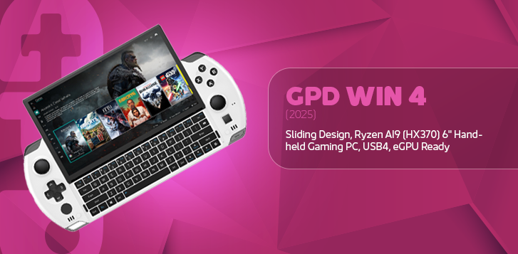 A promotional image for the GPD Win 4 (2025), a white handheld gaming PC with a sliding screen revealing a keyboard, displaying a game library. Text on the right lists its features: "Sliding Design, Ryzen AI9 (HX370) 6" Hand-held Gaming PC, USB4, eGPU Ready." The background is a vibrant magenta with geometric shapes.