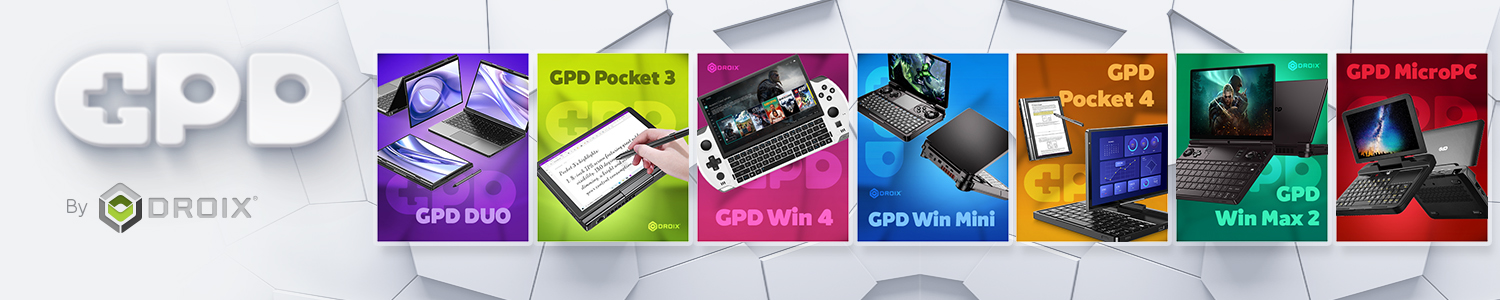 A promotional banner for GPD (GamePad Digital) products, featuring their logo in large white letters on the left, with "By DROIX" below it. To the right, there are seven vertical panels, each showcasing a different GPD device. From left to right, these panels feature: GPD DUO, GPD Pocket 3, GPD Win 4, GPD Win Mini, GPD Pocket 4, GPD Win Max 2, and GPD MicroPC. Each panel displays the device's name prominently.