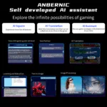 A comprehensive infographic about ANBERNIC Self developed AI assistant The top section states Explore the infinite possibilities of gaming and introduces three AI features AI Square for Experience more fun AI features AI Translation for Real time translation and AI Assistant to Discuss game strategies Below examples of these features are shown One click game guide retrieval Anbernic AI interface Soul Partner AI chat interface AI Translation game screen with translated text Learning and Education text analysis Text to Image robot image and Image Processing fixing oldhigh photos