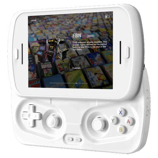 A white RG SLIDE handheld gaming device is shown with its screen slid up to reveal the game controls The screen displays a game selection interface featuring FBN 2000 and a background composed of numerous classic game cartridge covers The controller section has a white D pad and analog sticks with colored ABXY buttons