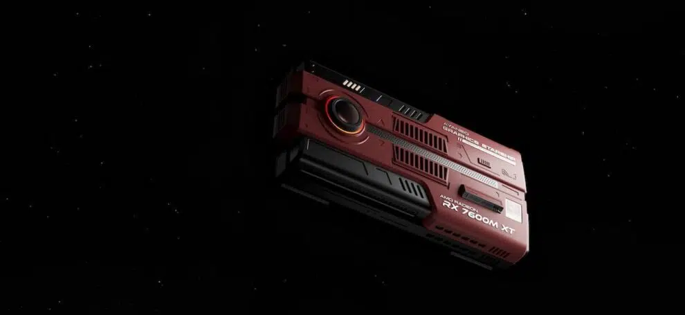 A futuristic, dark red rectangular device, resembling a high-performance graphics card or compact PC, floats against a black background speckled with white dots, evoking space. The device has intricate detailing, including vents, a prominent circular element with an orange glow, and text that reads "AYANEO GRAPHICS STARS" and "AMD RADEON RX 7600M XT".