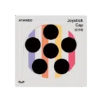 A product image for "AYANEO Joystick Cap" on a light grey background. The center features a circular design with six black circular cutouts, arranged like the pips on a domino, over a background of vertical stripes in purple, orange, and pink. The top left corner displays "AYANEO" in black text, and the top right corner has "Joystick Cap" in English and "摇杆帽" in Chinese, both in black text. A small, stylized "M" logo is present in the bottom left corner.