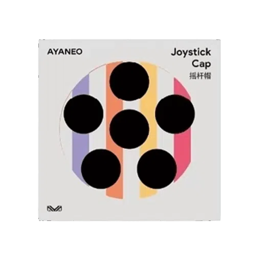 A product image for AYANEO Joystick Cap on a light grey background The center features a circular design with six black circular cutouts arranged like the pips on a domino over a background of vertical stripes in purple orange and pink The top left corner displays AYANEO in black text and the top right corner has Joystick Cap in English and 摇杆帽 in Chinese both in black text A small stylized M logo is present in the bottom left corner