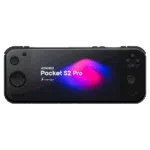 A direct front view of the black AYANEO Pocket S2 Pro handheld gaming console isolated against a light grey background The screen prominently displays AYANEO Pocket S2 Pro and Powered by Snapdragon against a dark background with vibrant pink and blue abstract shapes All control buttons including the D pad analog sticks and face buttons are clearly visible