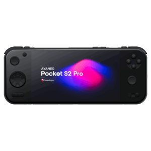 A direct front view of the black AYANEO Pocket S2 Pro handheld gaming console isolated against a light grey background The screen prominently displays AYANEO Pocket S2 Pro and Powered by Snapdragon against a dark background with vibrant pink and blue abstract shapes All control buttons including the D pad analog sticks and face buttons are clearly visible